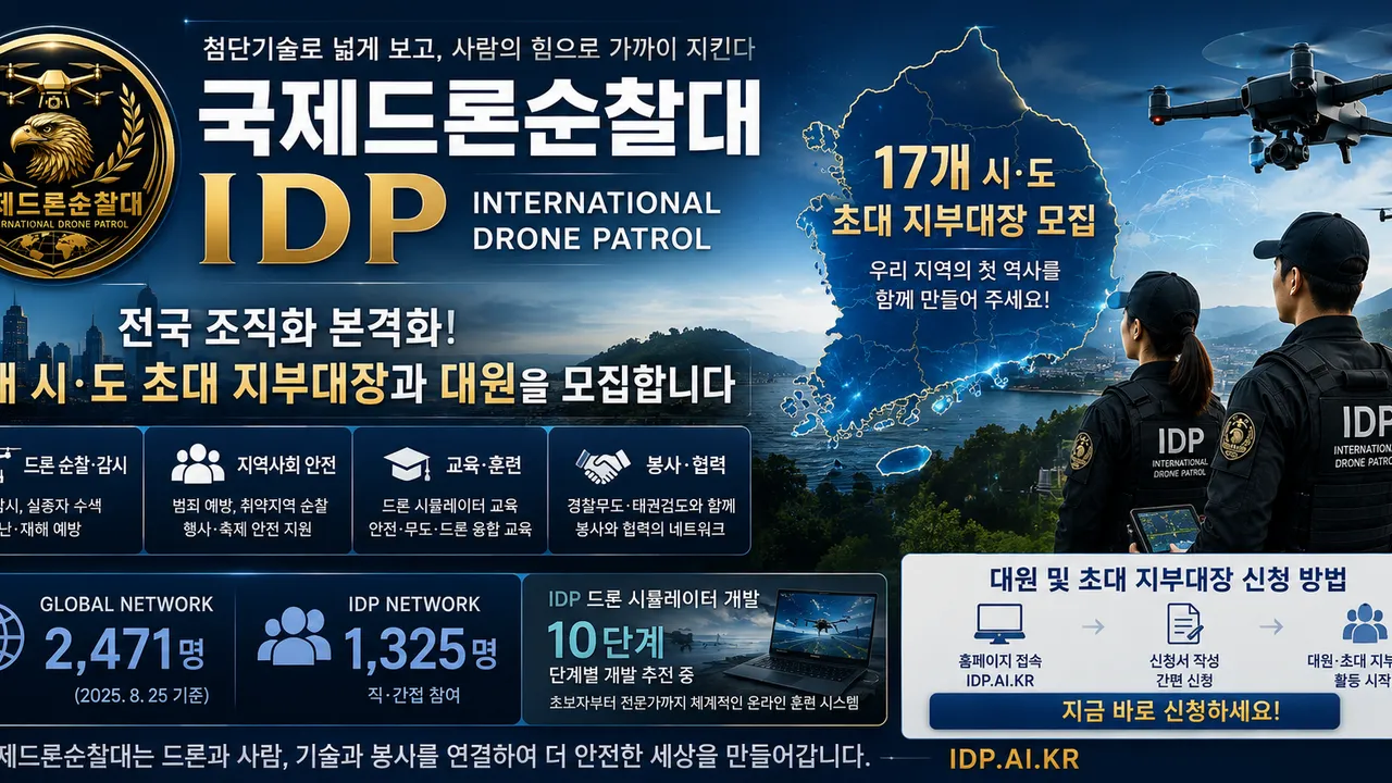 국제드론순찰대, 전국 조직화 본격화…17개 시·도 초대 지부대장·대원 모집