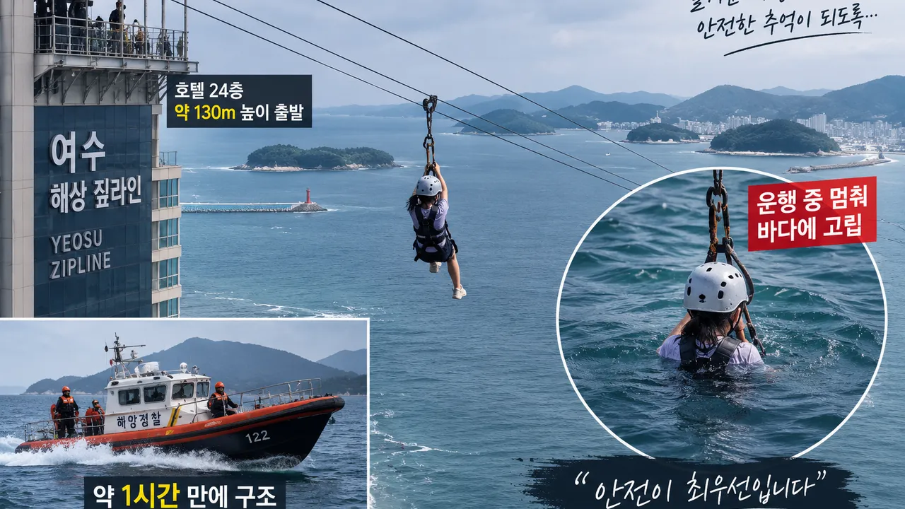 여수 해상 짚라인 멈춰 초등생 1시간 고립…구조 중 바닷물에 몸 잠겨