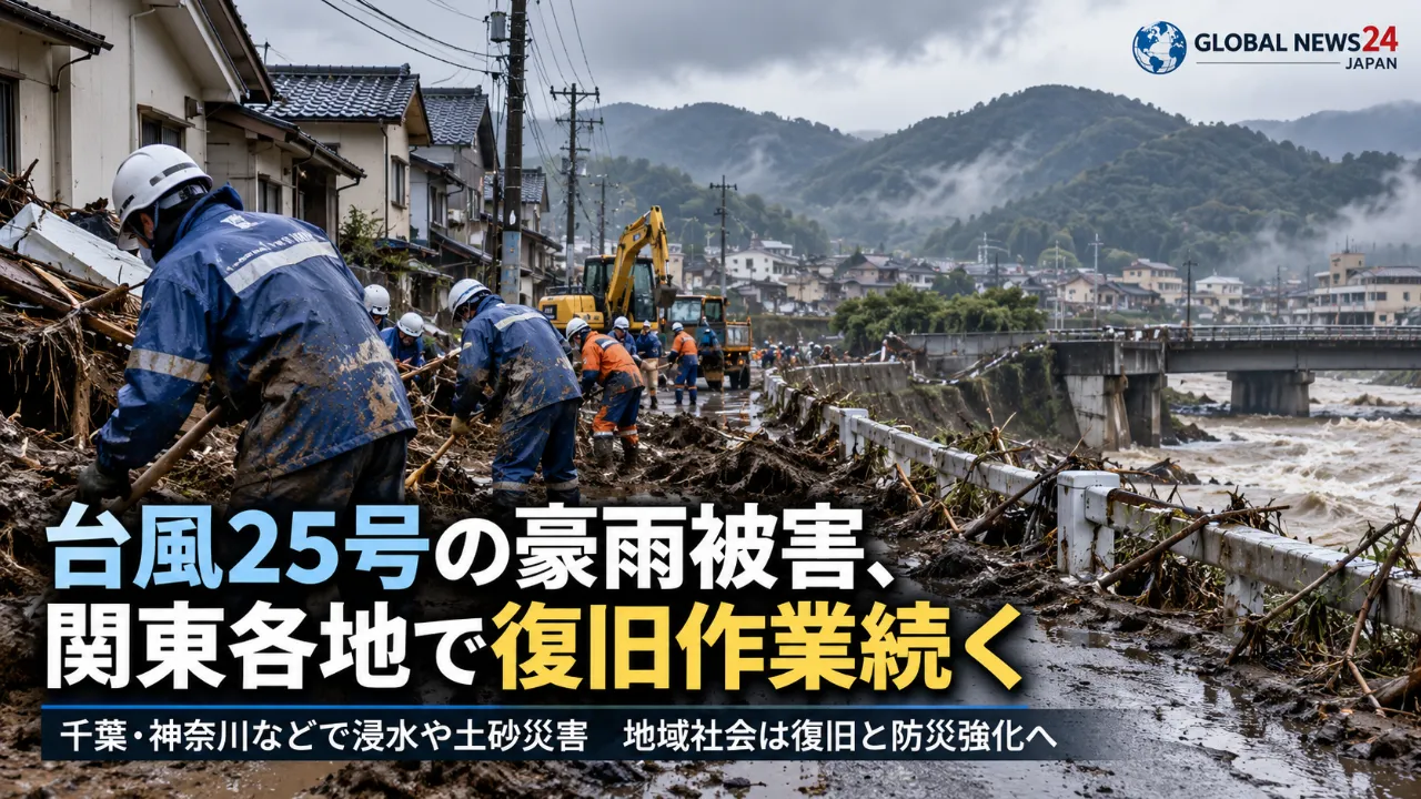 台風25号の豪雨被害、関東各地で復旧作業続く